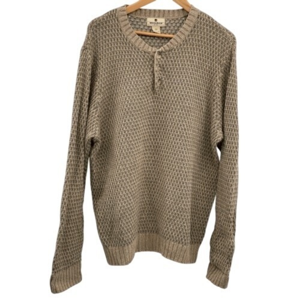 Woolrich Sweater Henley Men Large Khaki Tan Pullover Long‎ Sleeve Cotton Ramie